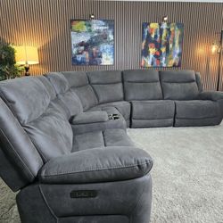 Gray Kelsee Power Fabric Reclining Sectional With Power Headrest