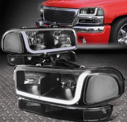 GMC SIERRA YUKON 4PCs LED DRL Strip Headlight + Bumper Lamp Compatible with 99-07 Sierra/Yukon Does NOT Fit Denali Trims Black Housing