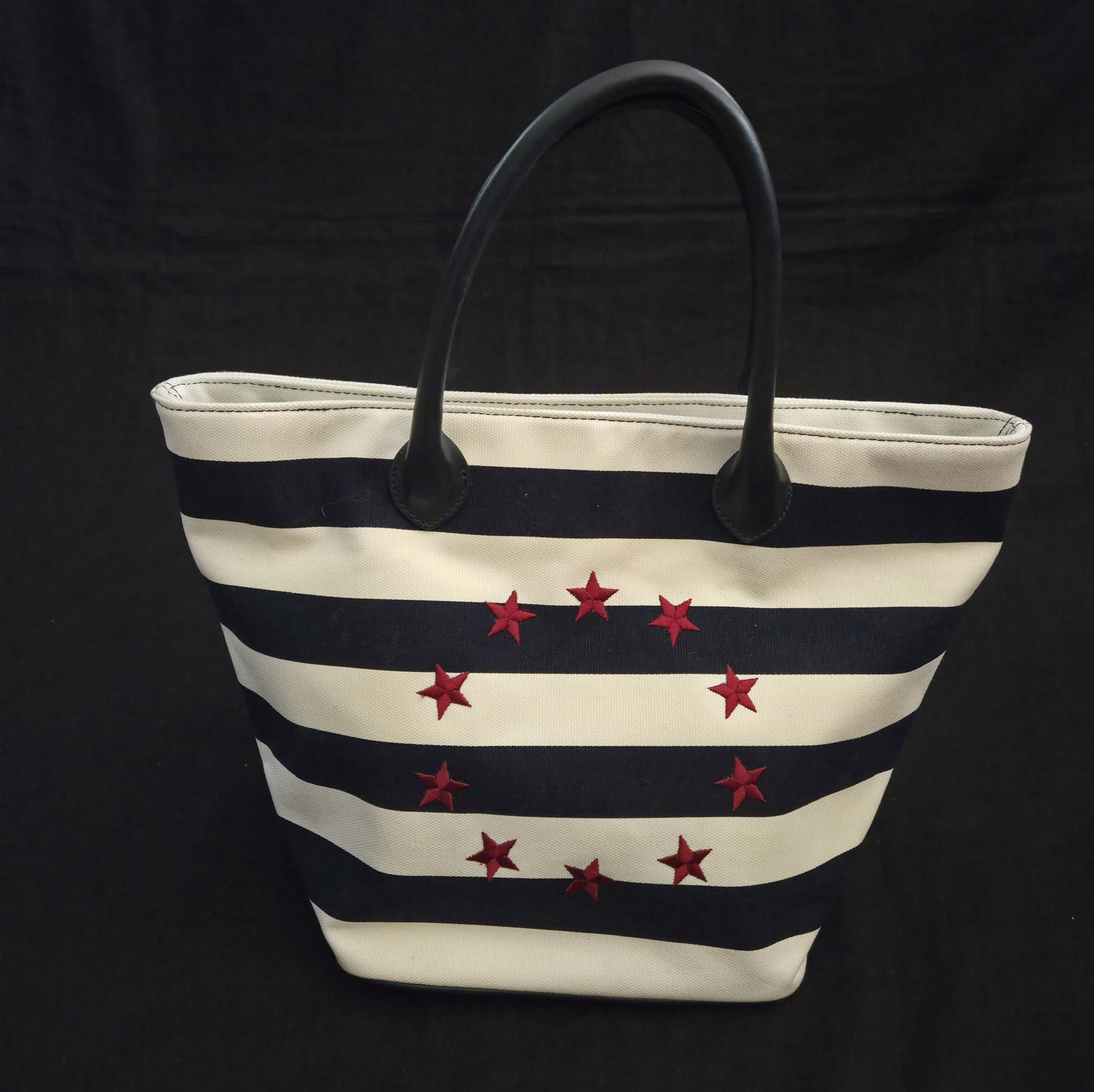 Vtg Talbots Tote Bag Canvas&Leather Black&White Striped Red Stars 15"x10"