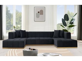 Montecito Black Velvet Double Chaise "U" Shape Sectional Sofa