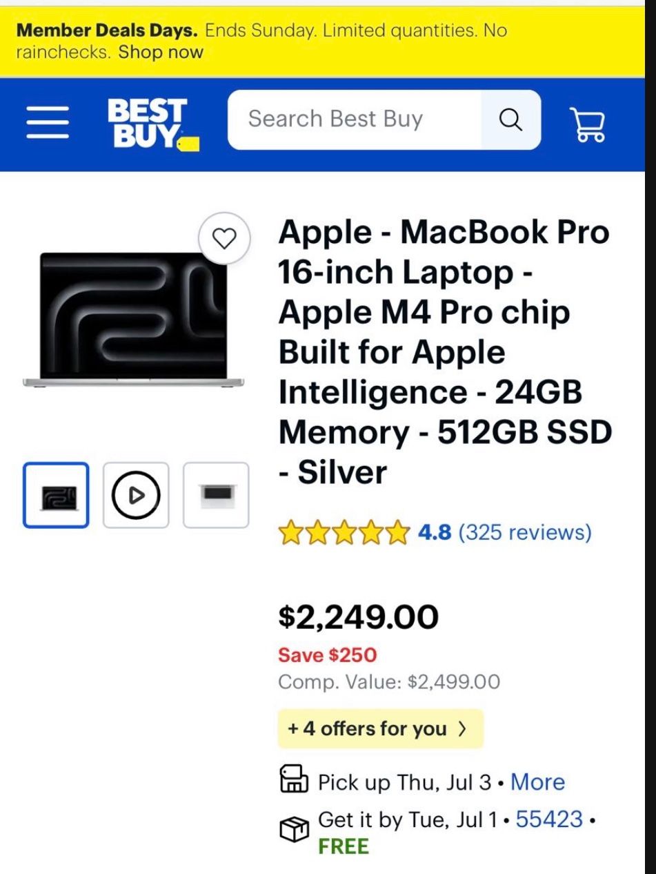 Apple - MacBook Pro 16-inch Laptop - Apple M4 Pro chip Built for Apple Intelligence - 24GB Memory - 512GB SSD - Silver 4.8