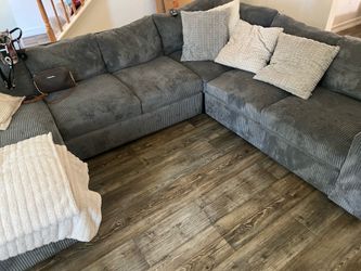 Gray Corduroy Sectional Sofa with Cup Holders