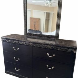 3-Piece Marble Finish Queen Bedroom Set With Dresser with Mirror, Bed Frame, and Night Stand