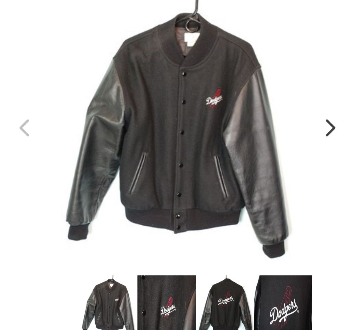 MLB Dodgers Black Leather sleeves Bomber Jacket, Sleek Varsity Style