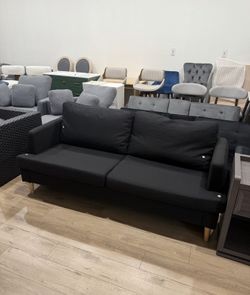 70"Loveseat Sofa Couch, Linen Fabric 2-Seater with Deep Seat & USB-C, 70" Modern Small Couch for Living Room Bedroom Office Apartment, Wood Legs, Blac