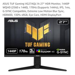 ASUS TUF Gaming VG27AQL1A 27” HDR Monitor, 1440P WQHD (2560 x 1440), 170Hz (Supports 144Hz), IPS, 1ms, G-SYNC Compatible, Extreme Low Motion Blur Sync