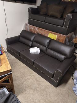Dark Brown Faux Leather Sofa with Nailhead Trim