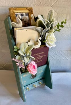 Vintage Upcycled Rustic Teal Wooden Wall Letter Holder with Brass Accents and 3 Hooks