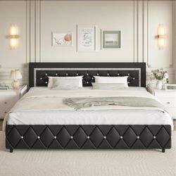 King Size Bed Frame and Headboard, Faux Leather Upholstered Bed with Diamond Tufted Design, Modern Platform Bed Frame with Wooden Slats Support, No Bo