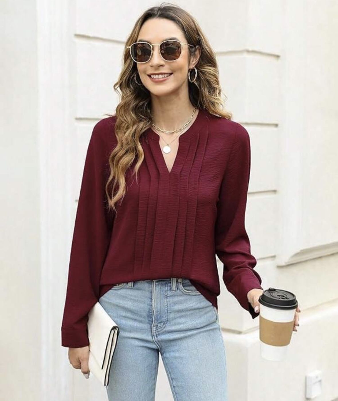 Shein Women’s Burgundy Pleated V-neck Long Sleeve Blouse, size S
