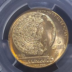 1985 Mexico Gold 500 Pesos World Cup Soccer Coin PCGS MS 68 Oro