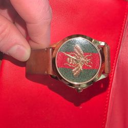 Gucci G Timeless Quartz Green & Red Dial Brown Leather Strap Watch
