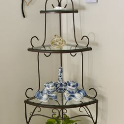 62”H Bronze Metal 4 Glass Shelves Corner Stand