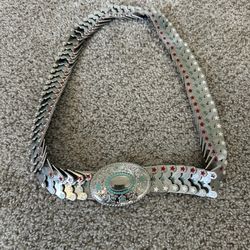 VTG Western Concho Link Belt Silver Tone Turquoise Enamel Stars Cowboy Cowgirl