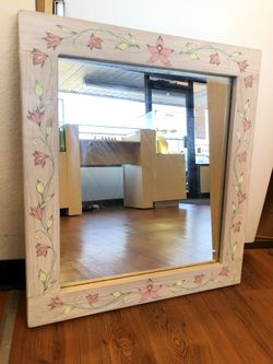 Beautiful Wood Mirror White Washed with Hand Painted Flowers 28”w 32” l