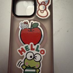 iPhone 13 Pro Silicone Pink Cell Phone Case W/Hello Kitty And Kerropi Stickers