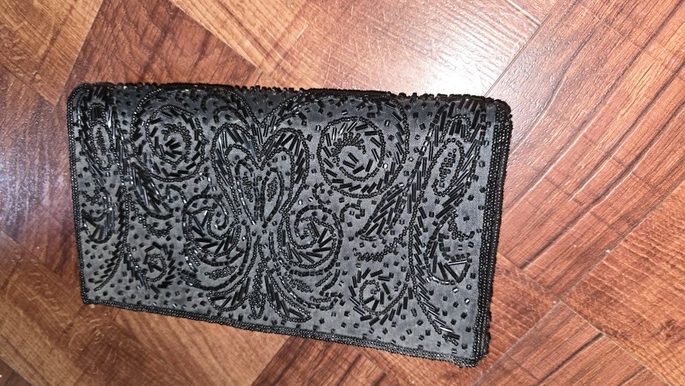 Black emboarded Hand woven beaded string design, black beads on black background clutch, purse, handbag, pocketbook