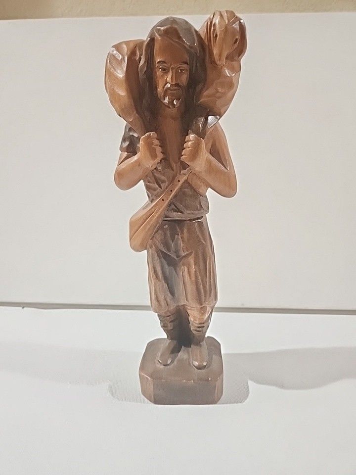 Shephard & Lamb Figurine Wooden Carved Sculpture Religious 10"