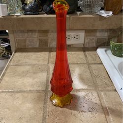 FENTON Vintage Valencia Amberina Orange-Red Yellow Footed Glass Swung Bud Vase, MCM Fenton Flower Vase