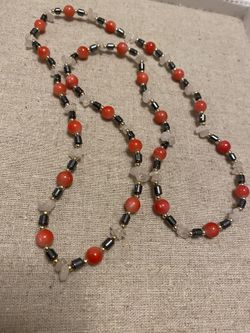 Natural stone and plastic bead, necklace hematite rose quartz , long necklace
