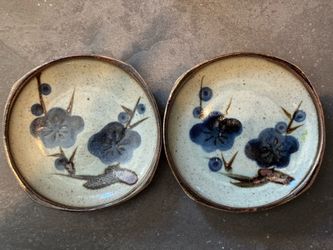 Set of two Japanese Mingei Stoneware Rare due to the round square shape  Dishes in excellent shape