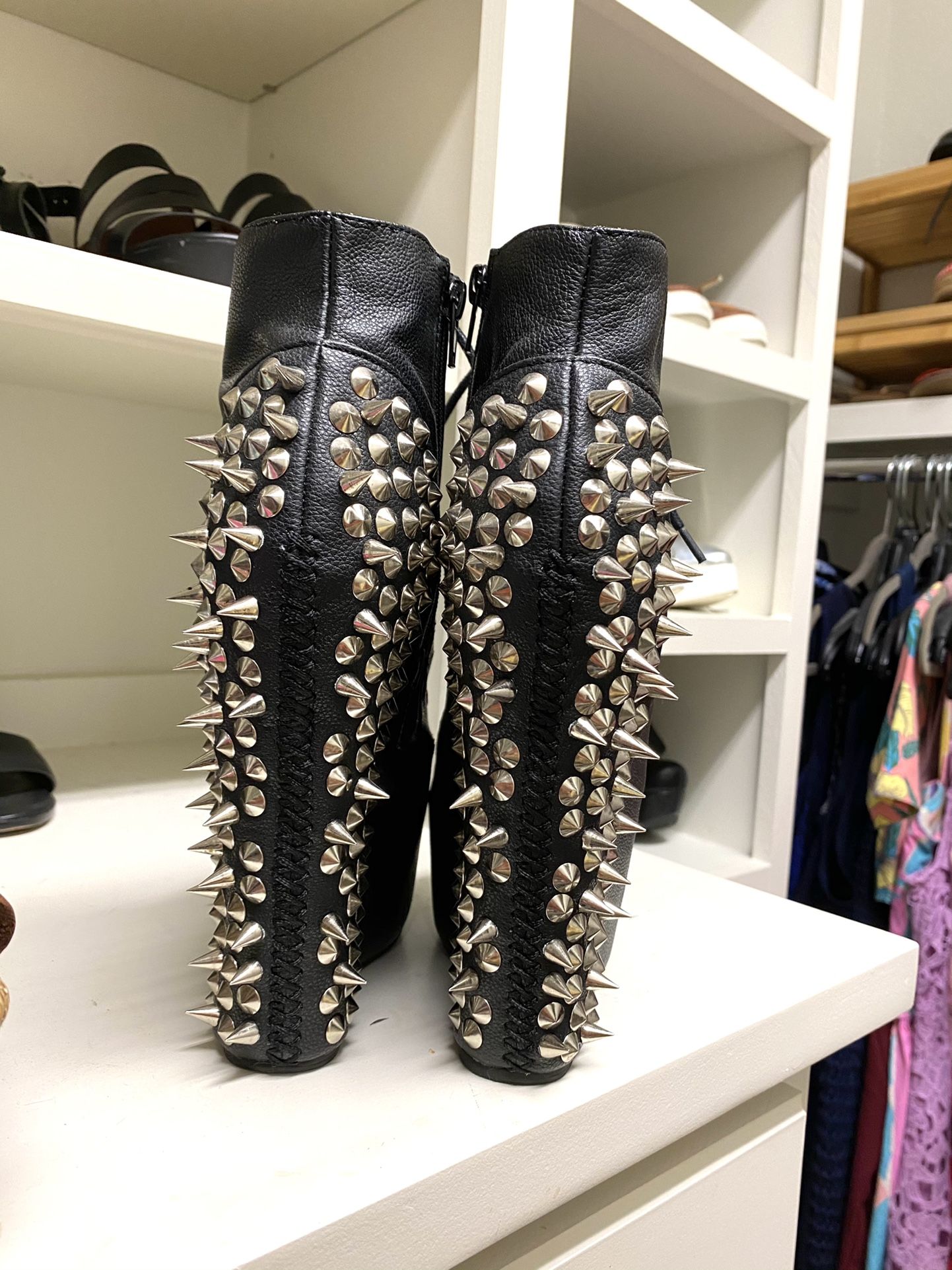 Jeffrey Campbell Spike Damsel Black Leather Platform Wedge Ankle Booties Size 7.5