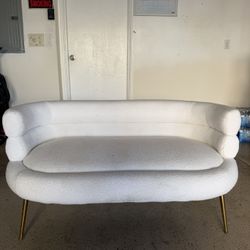 Modern White Bouclé Loveseat / Settee – Gold Legs