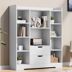 Kids Bookshelf with Storage, Toy Storage Organizer with 2 Drawers and 10 Cubes 4-Tier Bookcase for Bedroom, Playroom, Hallway, Living Room(White)