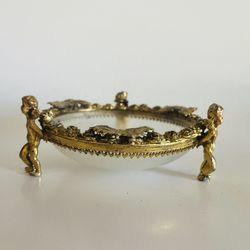 Vintage Hollywood Regency Gold Metal Cherub and Leaf Ashtray/Trinket Dish with Frosted Glass Bowl.