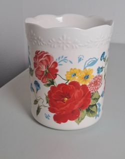 Pioneer Woman Kitchen Utensil Holder/vase Floral Roses Red Pink Blue Teal Yellow