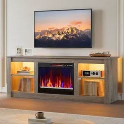 Bestier 63-in W Gray Fireplace TV Stand for TVs up to 70 inches with Cabinets and Shelves in the