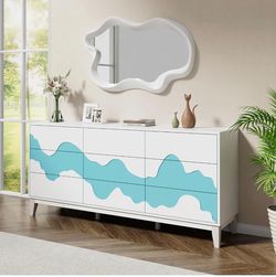 9 Drawer Dresser, 63" Wide Modern Woden Chest of Drawers with Blue Water Stream Pattern, Large Storage Cabinet for Bedroom, Dinning Room, Living Room 