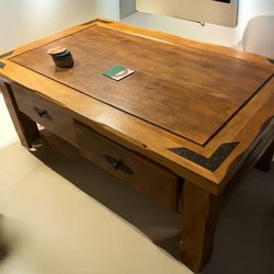 Wooden /rot Iron Coffee Table With Drawers W/ Two End Tables