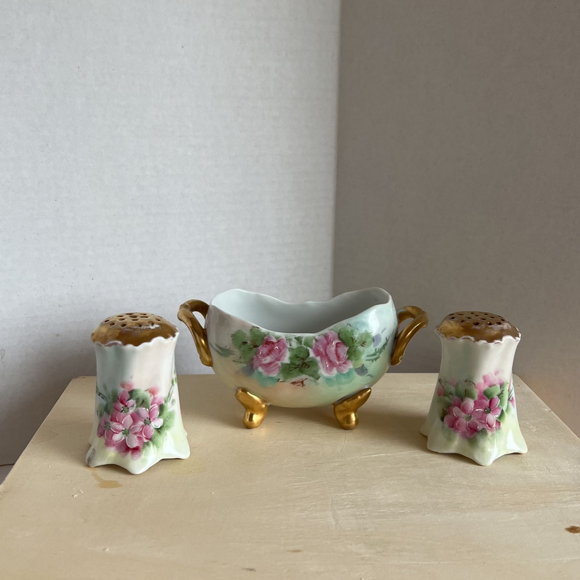 Open China Sugar Bowl And Salt And Pepper Shakers 
