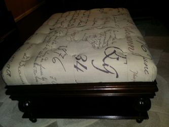 Vintage French Script Design Dark Brown Wood Ottoman w/ Taupe Cushion