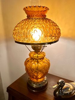 21" Amber Glass Hurricane Lamp With Quilted Pattern Ruffled Edge Shade