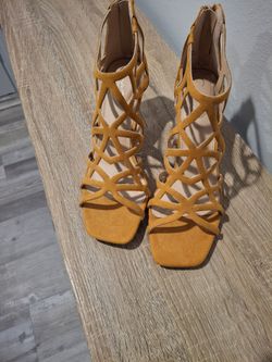 Mustard Suede Caged Strappy Heels