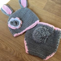 Pink /Grey Bunny Hat + Diaper Cover 