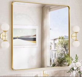 Gold Bathroom Mirror 36x36 Inch Gold Wall Mirror Brass Brushed Metal Frame Mirror Large Rounded Rectangle Mirror For Bathroom