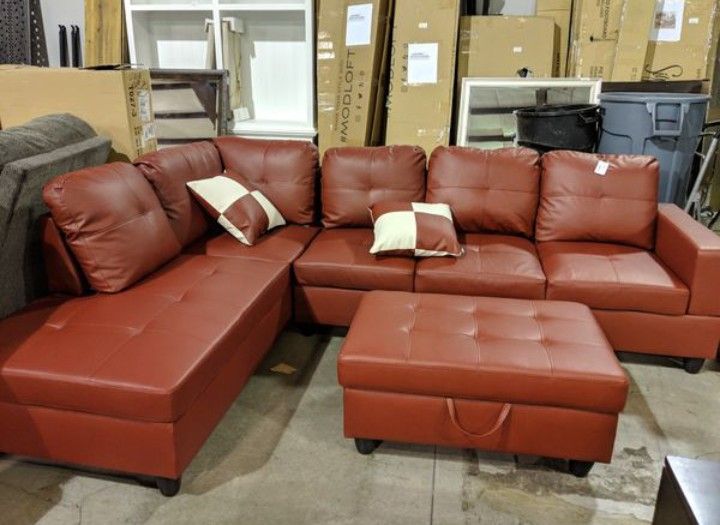 Brand New Red Leather Sectional Set With Decorative Pillows & Storage Ottoman