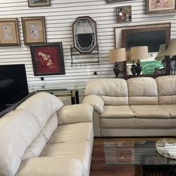 Cream Genuine Leather Sofa And Love Seat