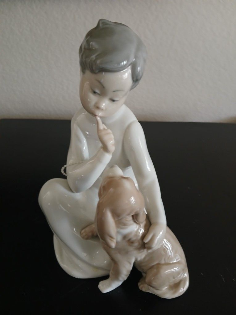 Vintage Lladro Figurine Boy With Dog Glossy 8" Retired No Box 8"H