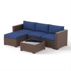 5-Pieces Blue Outdoor Wicker Sectional Sofa Set