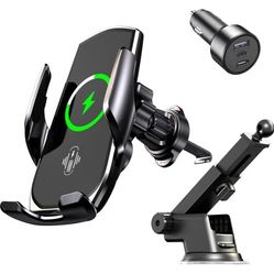 15W Fast Wireless Car Charger, Auto-Clamping Black Car Phone Holder with Strong Suction Cup,360°Adjustable Dashboard/Windshield Mount for iPhone17-11&