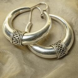 NEW- 925 Sterling Silver Tribal Hoop Earrings 