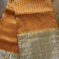 Beautiful New Mango & Mustard Yellow Pure Venkatagiri Handloom Silk Saree With Silver Zari & Contrast Blouse