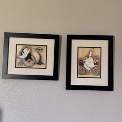 Framed Paris- Themed Wall Art – #1 Whimsical French Cyclist & #2 Fat Chef Red Wine & Baguette Riding Bicycle Framed – Signed Print