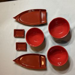2 Rice, Soup Ceramic Bowls, 2 Sushi Trays, 2 Wasabi Trays