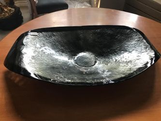 Large Modern Slumped Glass Centerpiece Bowl – Textured Black & Charcoal Boat Dish