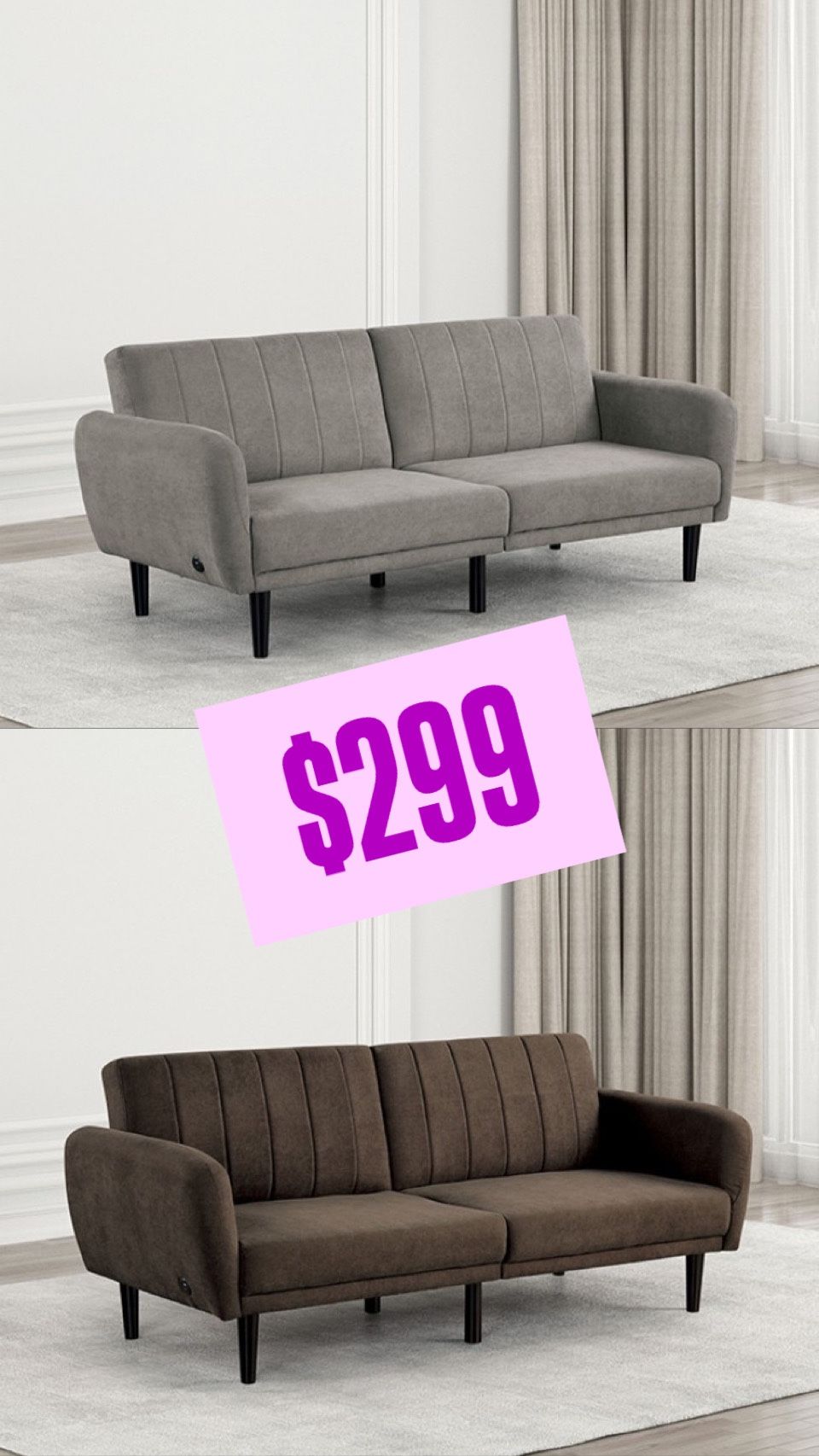 BROWN OR GRAY FABRIC FUTON SOFA ADJUSTABLE BED SILLON CAMA COUCH USB PORT